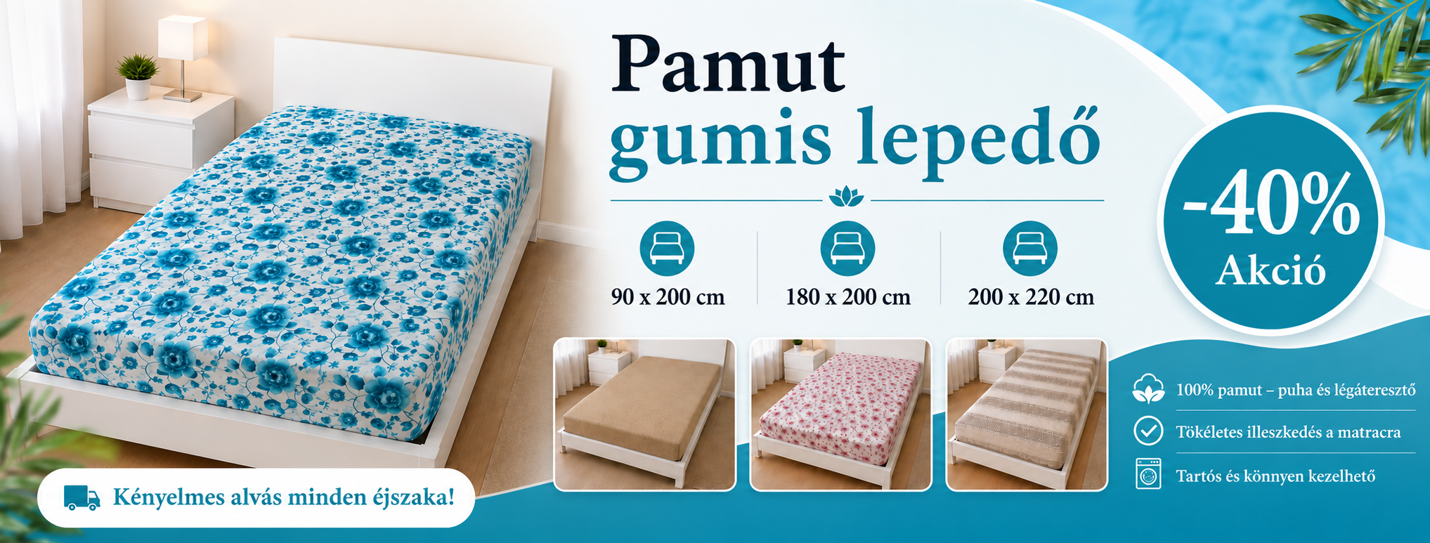 Pamut gumis lepedő – kék virágmintás gumis lepedő modern hálószobában, több színváltozatban, 90×200, 180×200 és 200×220 cm méretben, akár 40% kedvezménnyel.